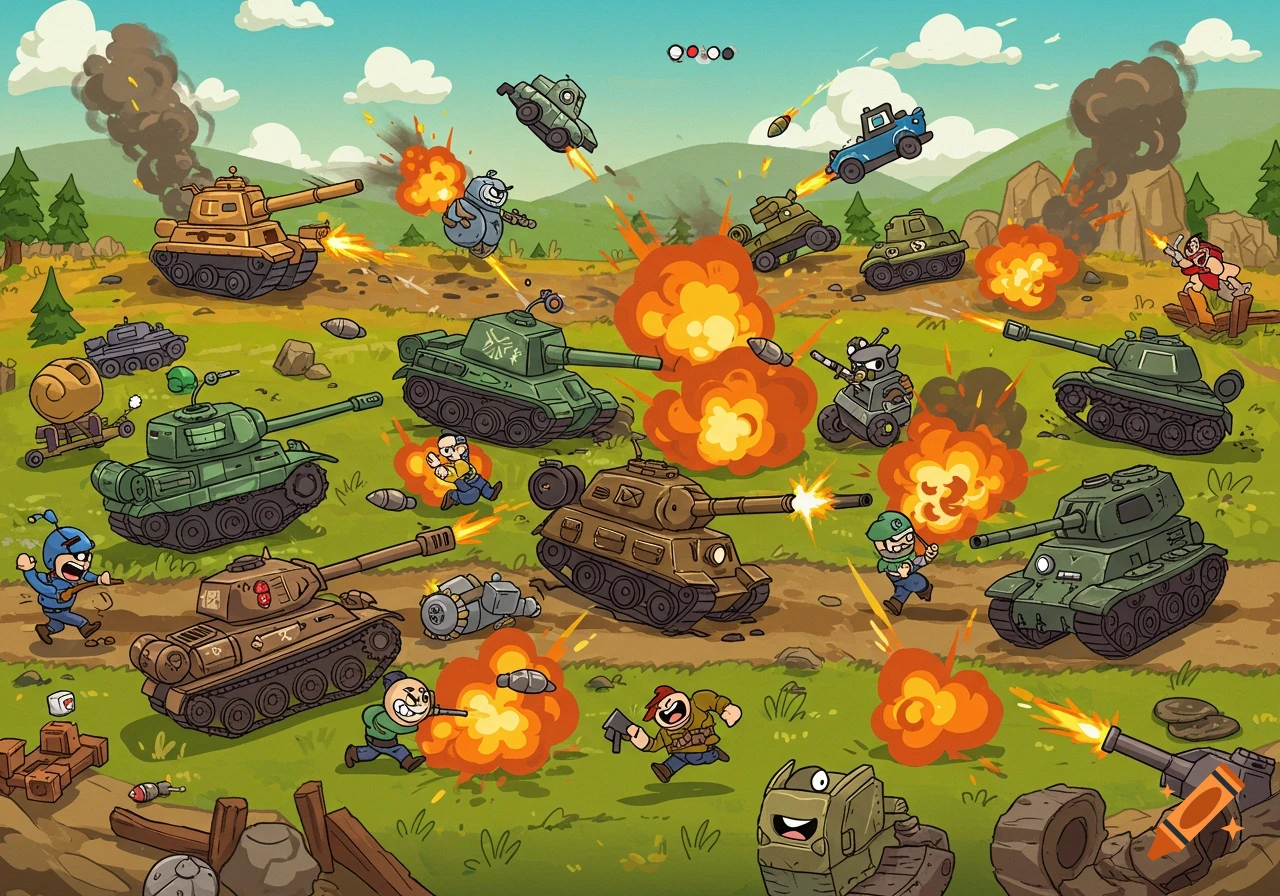 Cartoon illustration of a battle between tanks and people in a field.