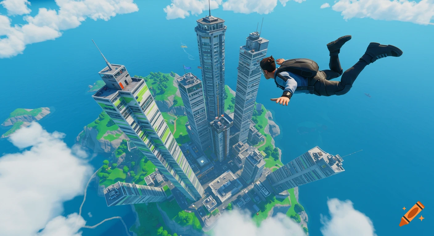 Person skydiving high above a city on an island in a video game style