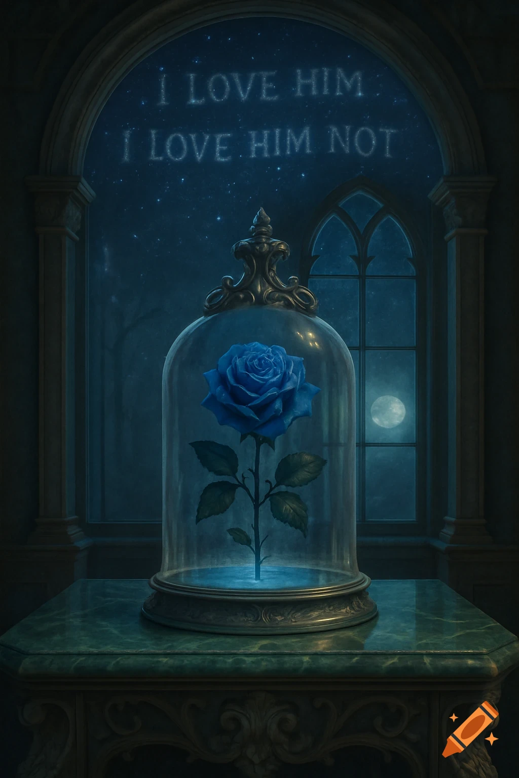 A blue rose in a glass bell jar sits on a marble table under a night sky with starry text saying 'I LOVE HIM I LOVE HIM NOT'.