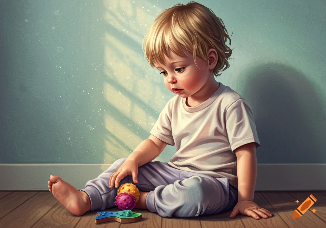 A young child sits on a wooden floor playing with toys in a sunbeam.