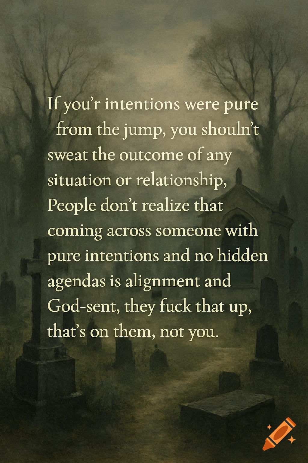 A dark, moody image of a cemetery with gravestones and trees, overlaid with a quote about intentions.