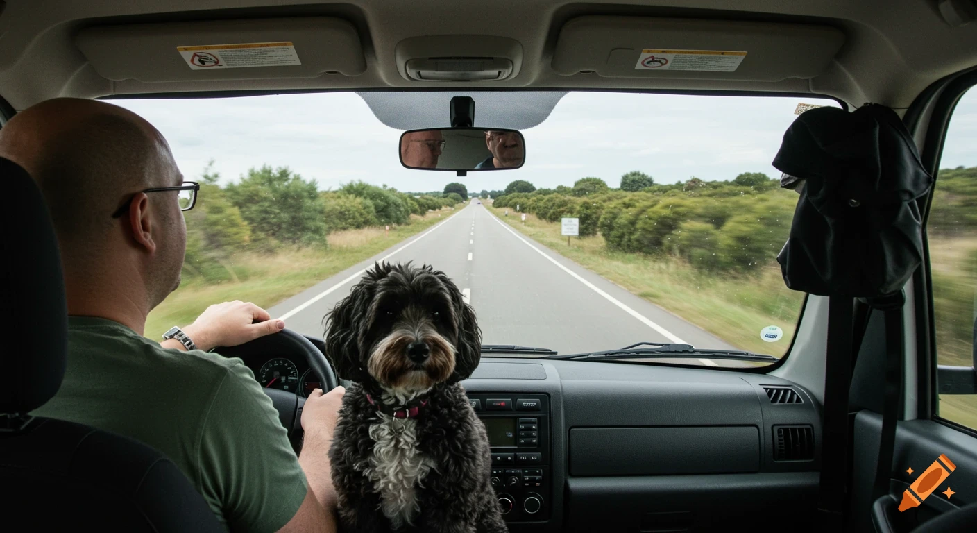 Man with a dog driving a van, view through the windshield of the road ahead.