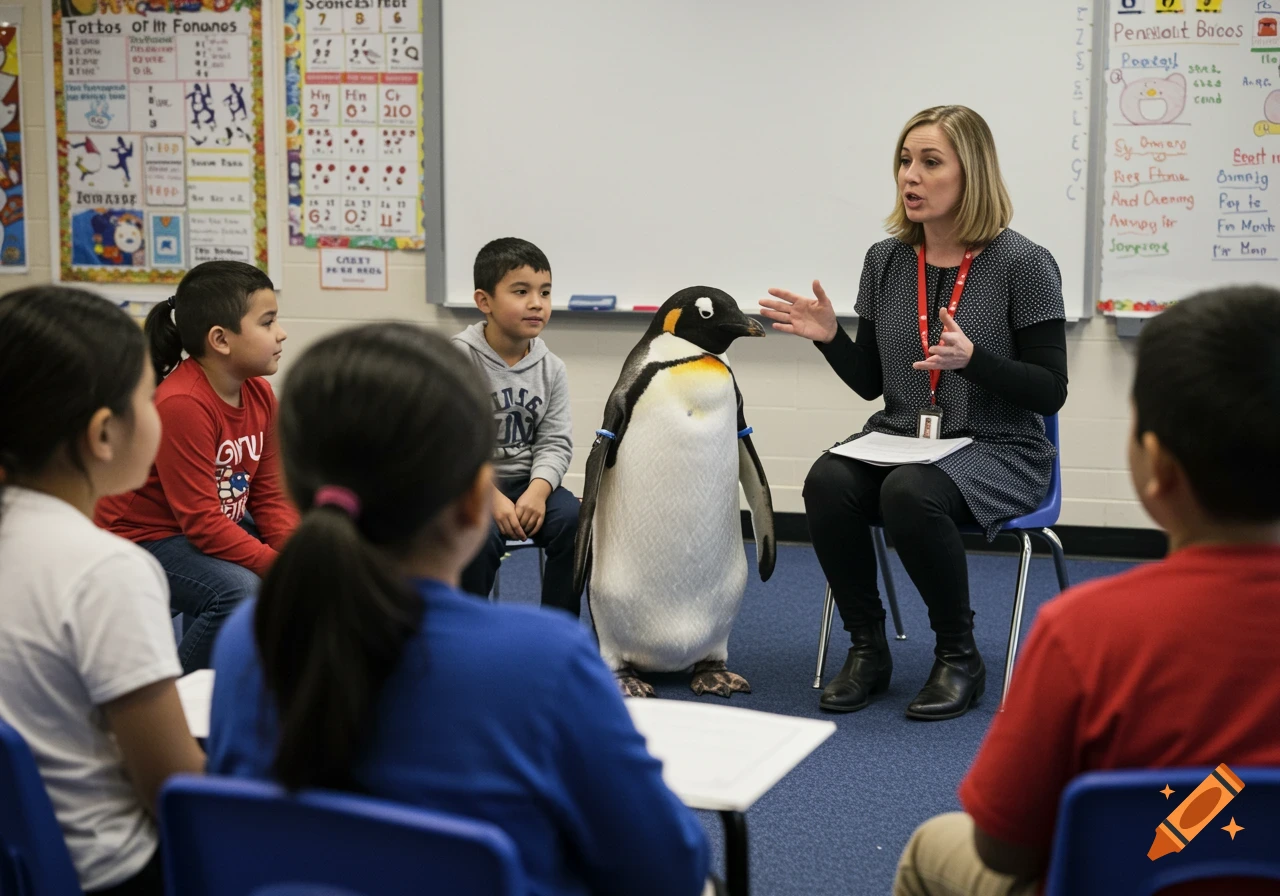 Teacher talks to students in a classroom with a penguin prop.