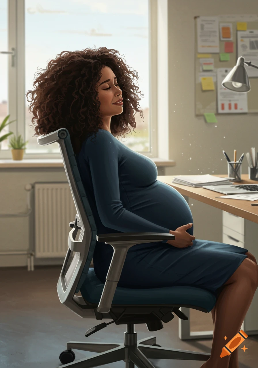 A pregnant woman in an office leans back in a chair, holding her belly. Photorealistic style.
