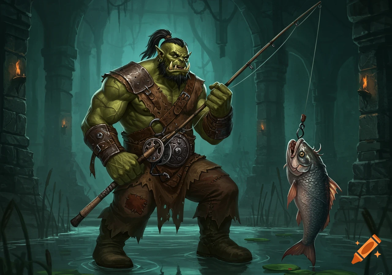 A green orc fisherman pulls a large fish from the water in a dark fantasy setting.