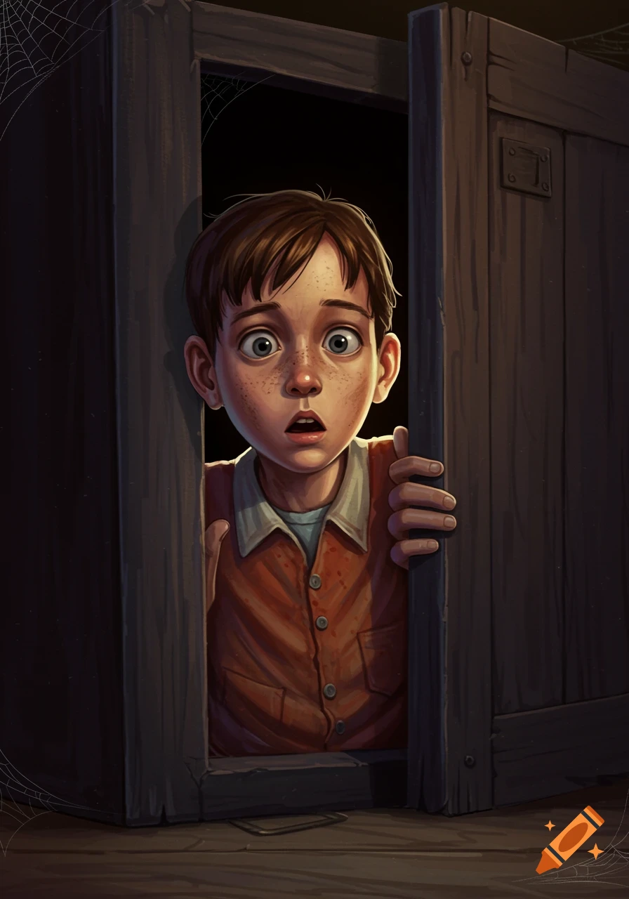 Illustration of a scared boy peering from behind a dark wooden door with spiderwebs.
