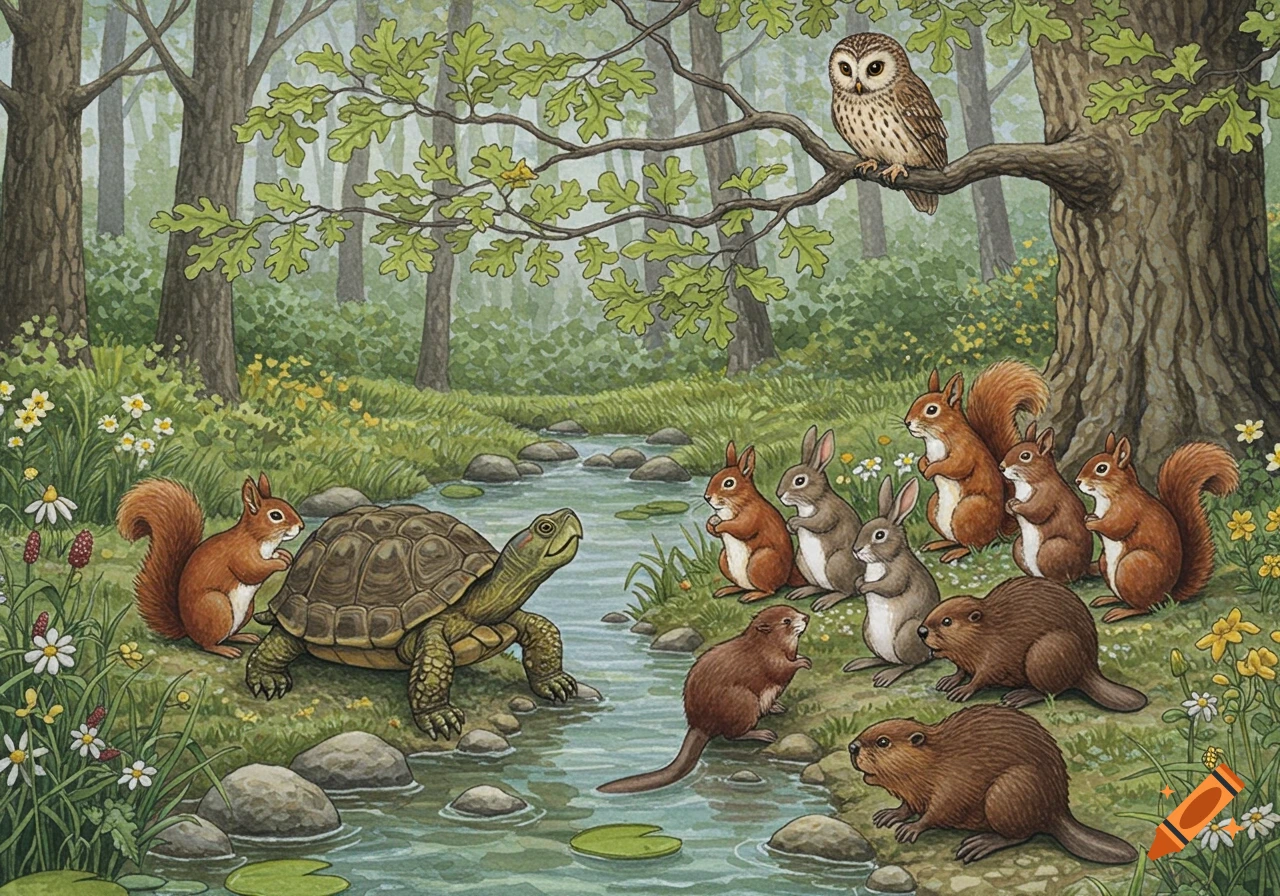 Watercolor illustration of a turtle talking to squirrels, rabbits, and beavers by a stream, with an owl overhead.
