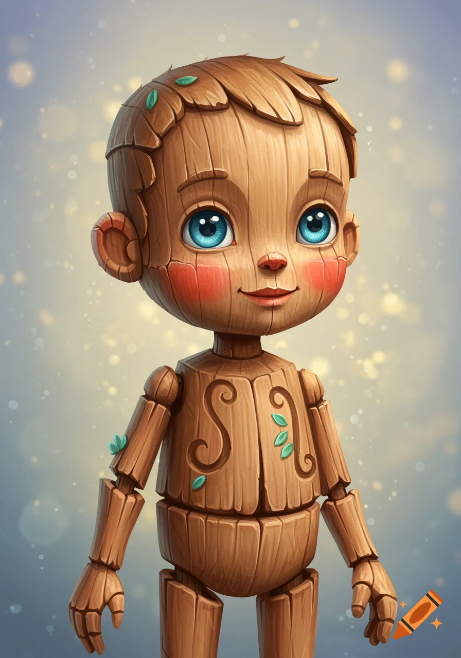 Cartoon wooden puppet boy with blue eyes