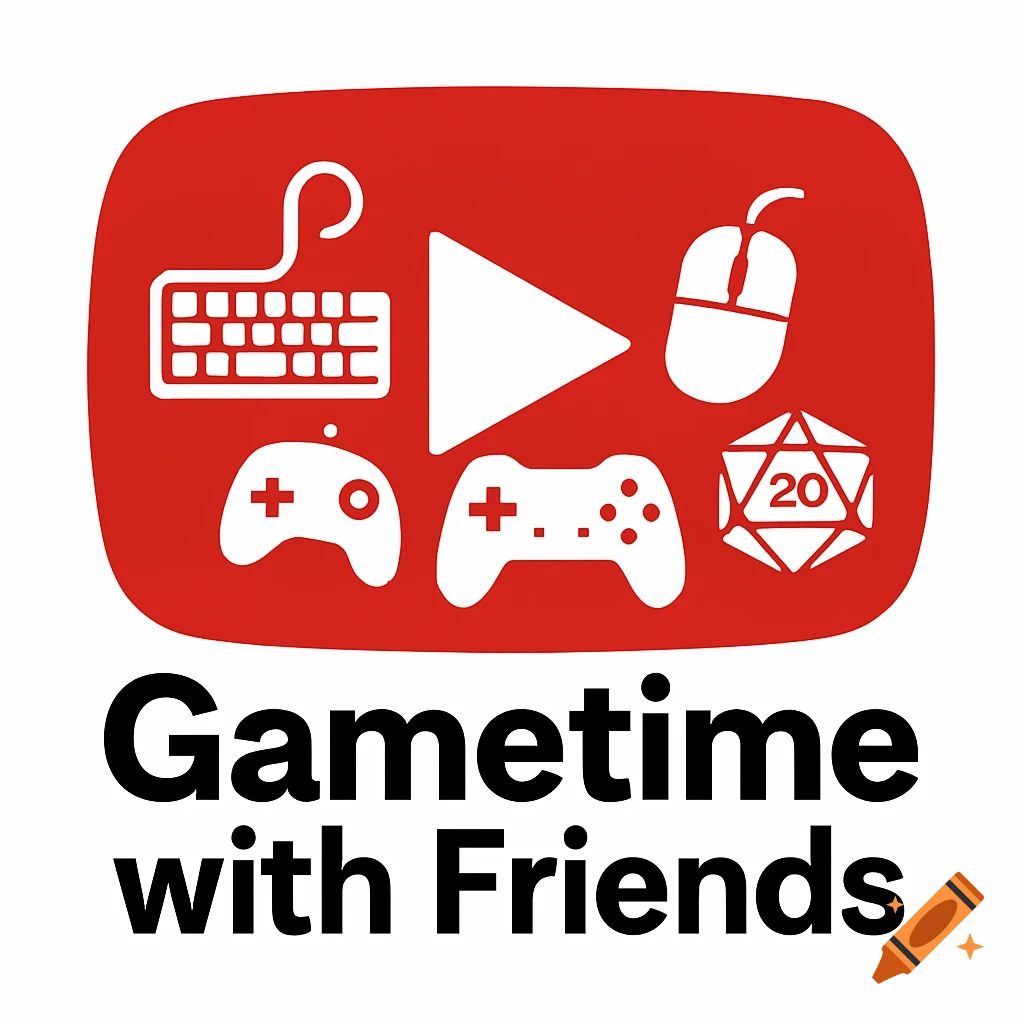 Red YouTube logo with gaming icons (keyboard, mouse, controllers, d20 dice) and text 'Gametime with Friends'.
