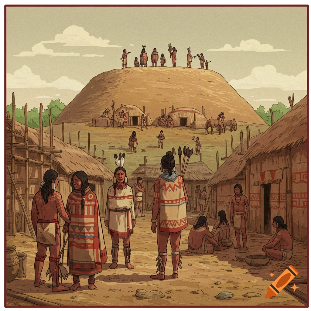Illustration of a historical Native American village with people and a large earth mound.