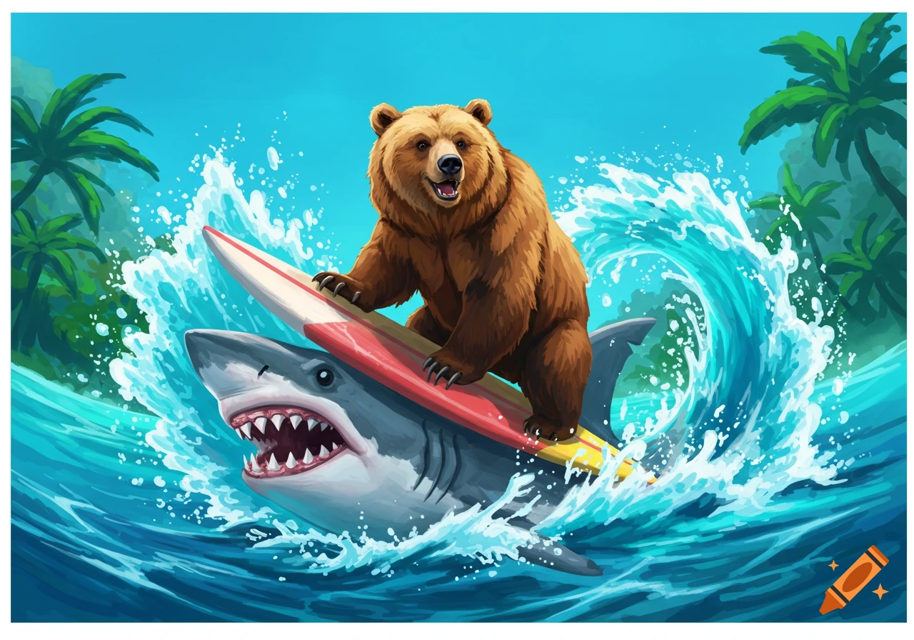 Cartoon illustration of a bear surfing on a shark in the ocean.