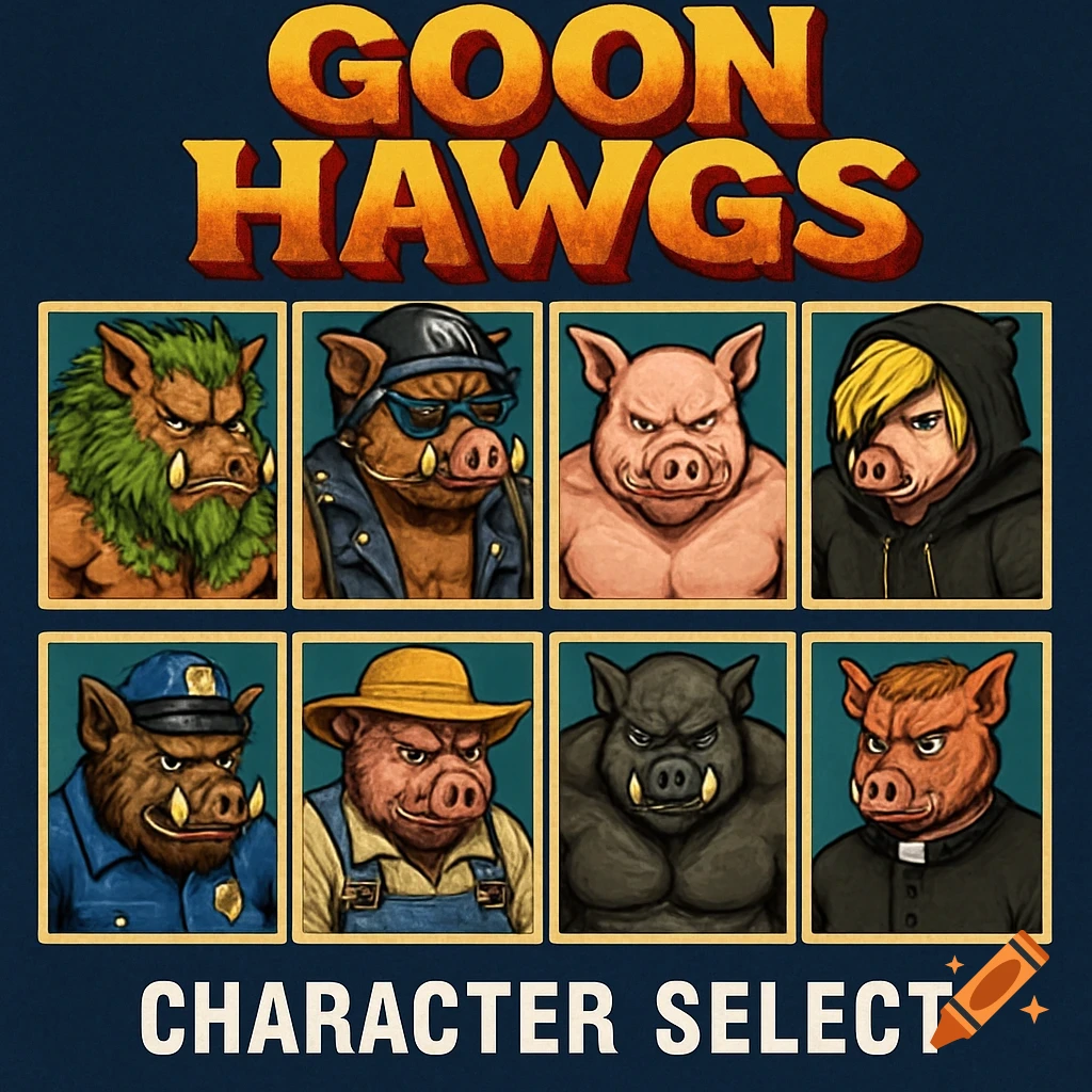 Character select screen for an arcade fighting game titled 'GOON HAWGS', showing eight different anthropomorphic pig characters in squares, and 'CHARACTER SELECT' below.