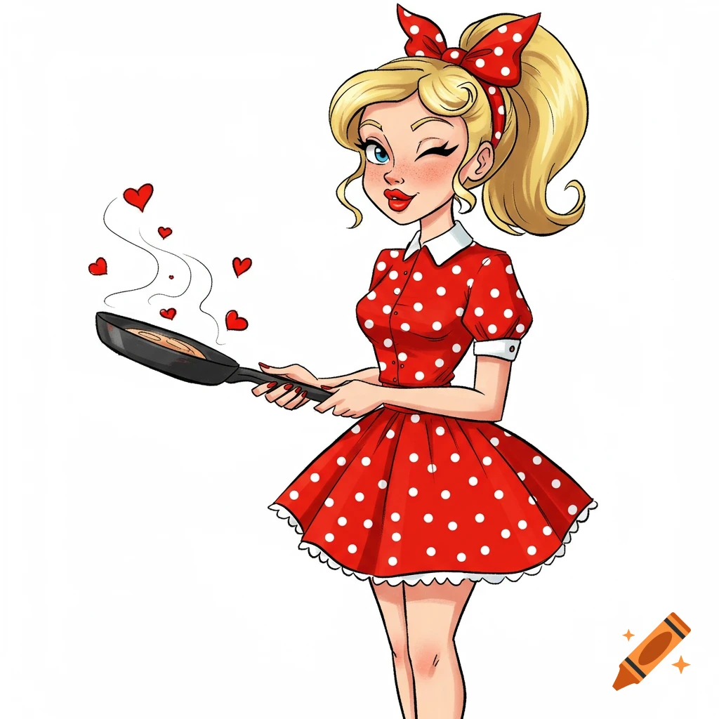 Cartoon pinup woman in red polka dot dress winking while cooking with a frying pan.