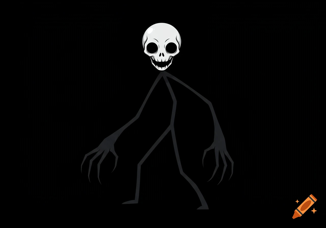 Stylized creepy stick figure with a skull head and long clawed arms against a black background.