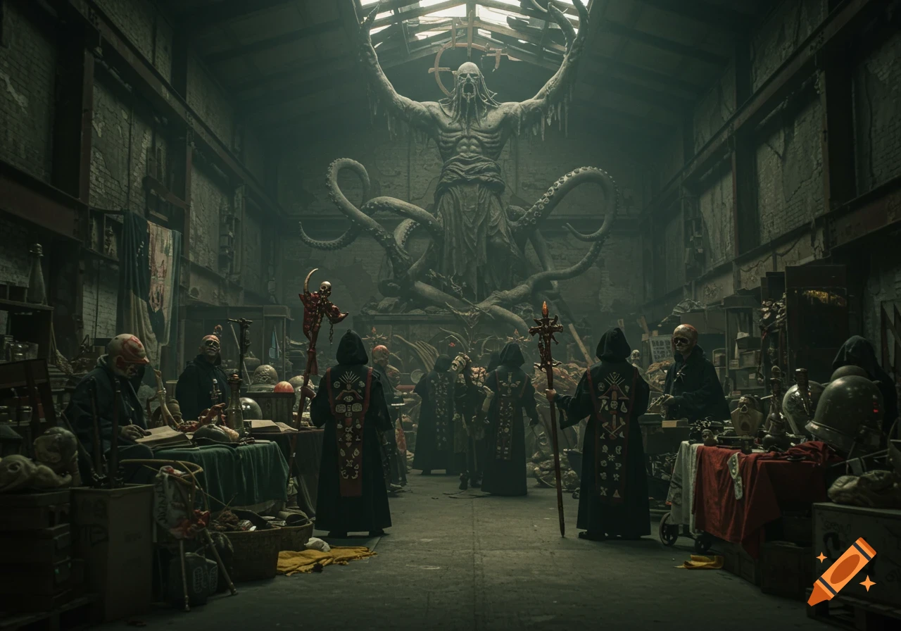 Robed figures perform a dark ritual before a colossal tentacled statue in a cluttered, atmospheric temple.