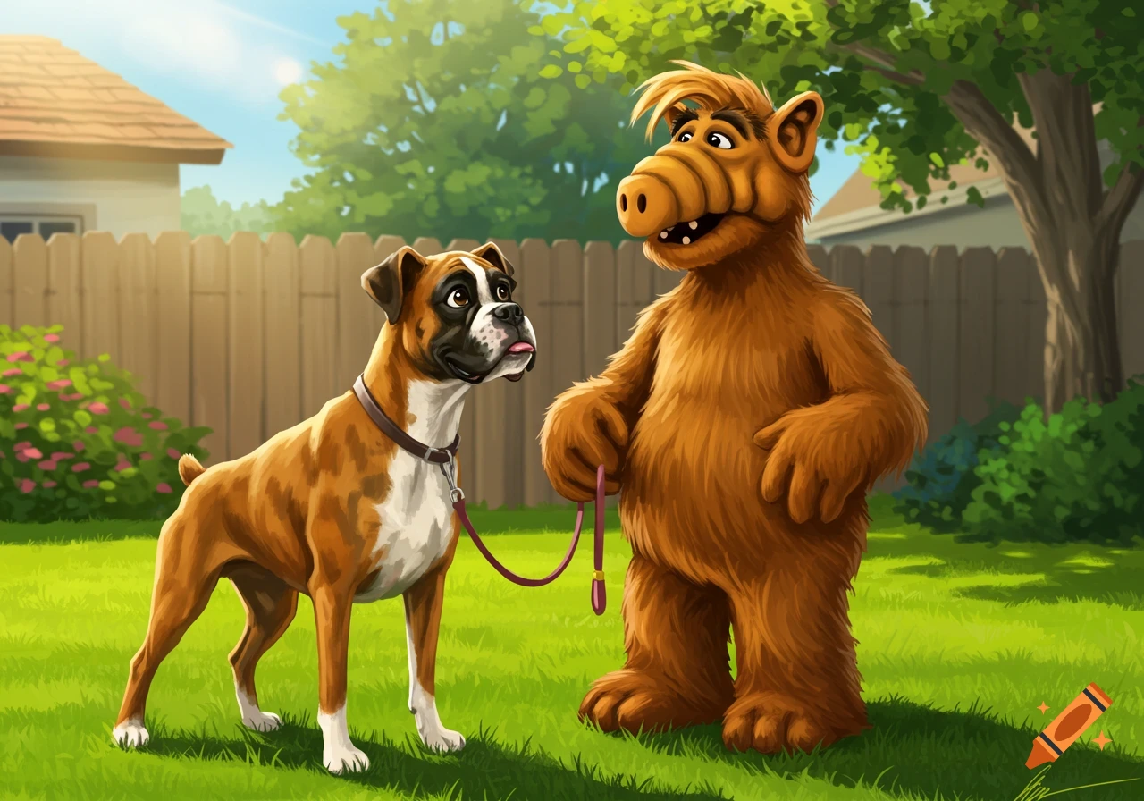 Alf stands with a boxer dog on a leash in a sunny backyard in a cartoon style.