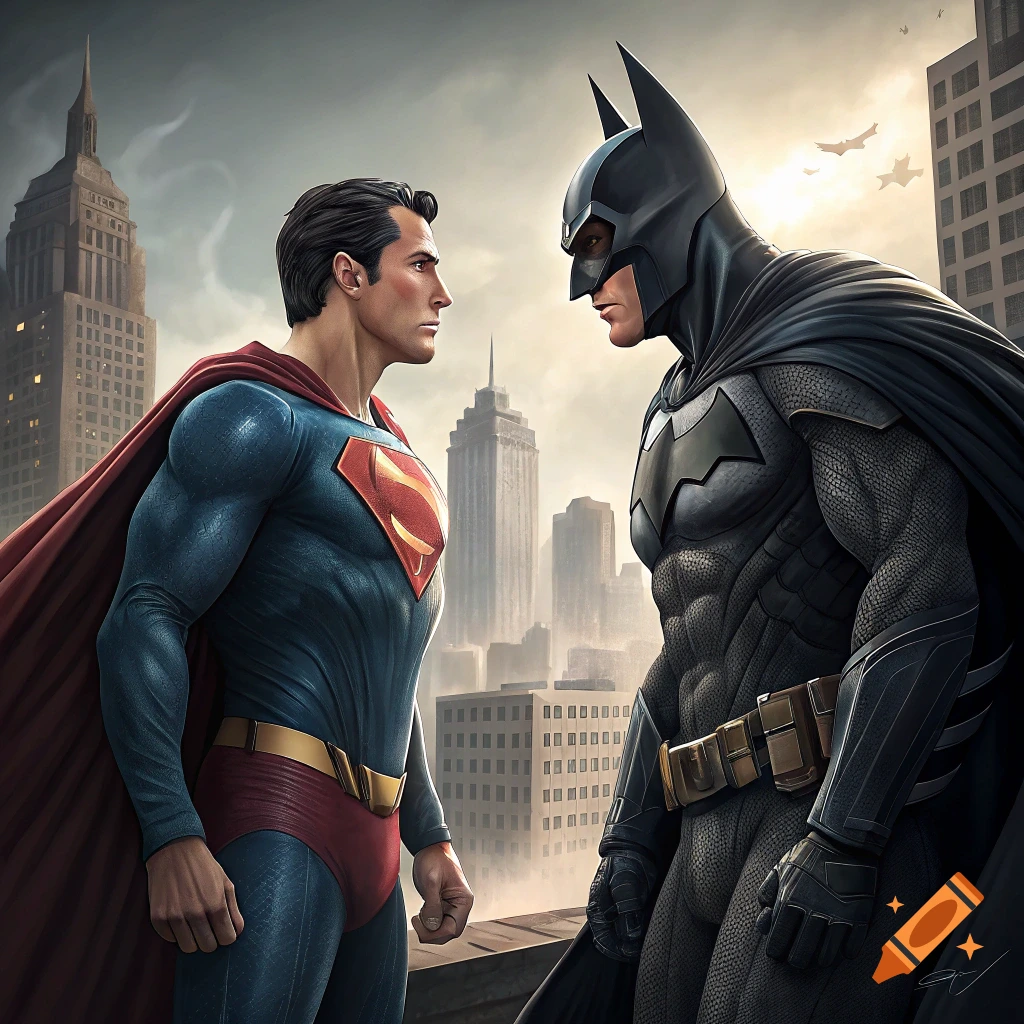 Superman and Batman face off on a city rooftop at dusk.