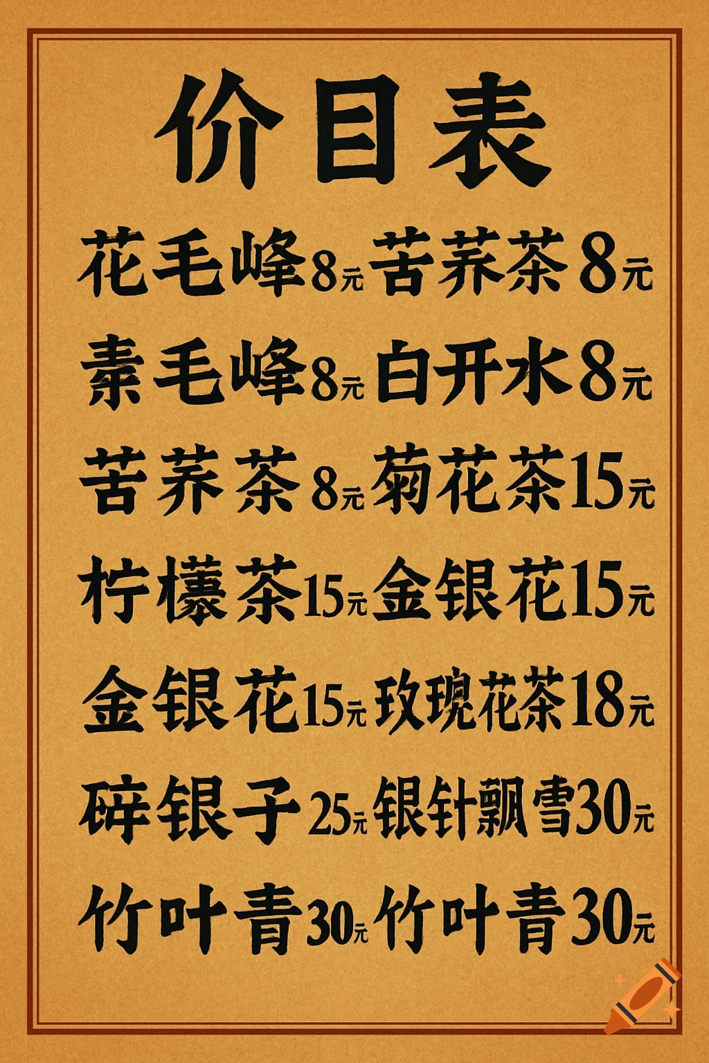 A price list written in black Chinese characters on a textured yellow background, with a brown border.
