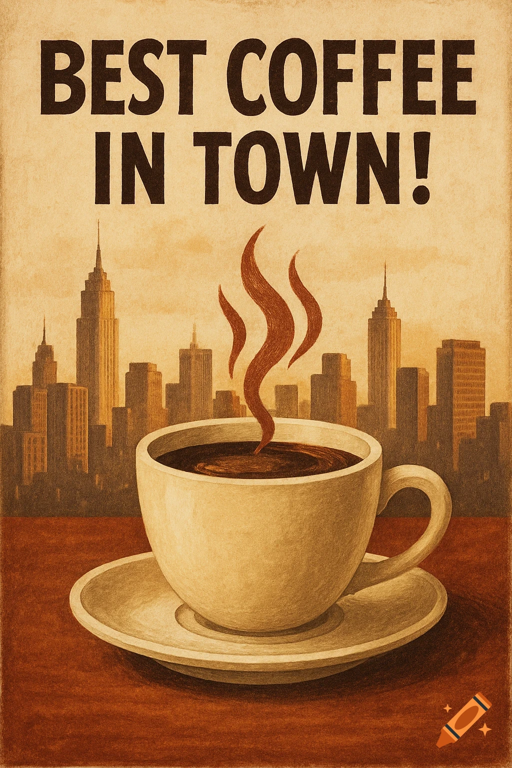 A textured poster illustration of a steaming coffee cup in front of a city skyline, with the text 'BEST COFFEE IN TOWN!'