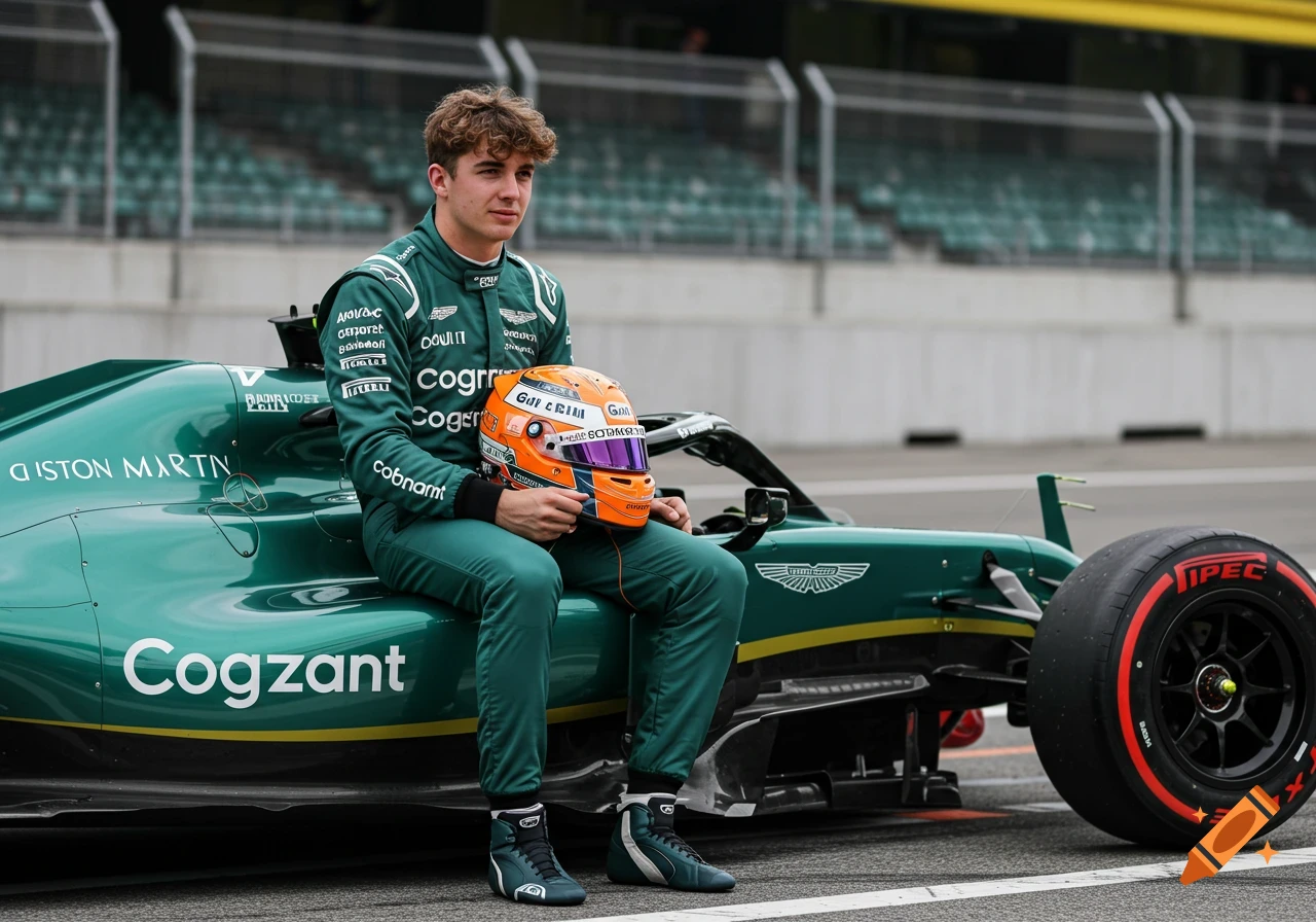 A young man with curly hair sits on a green Aston Martin F1 car, holding an orange helmet, in a pit lane.