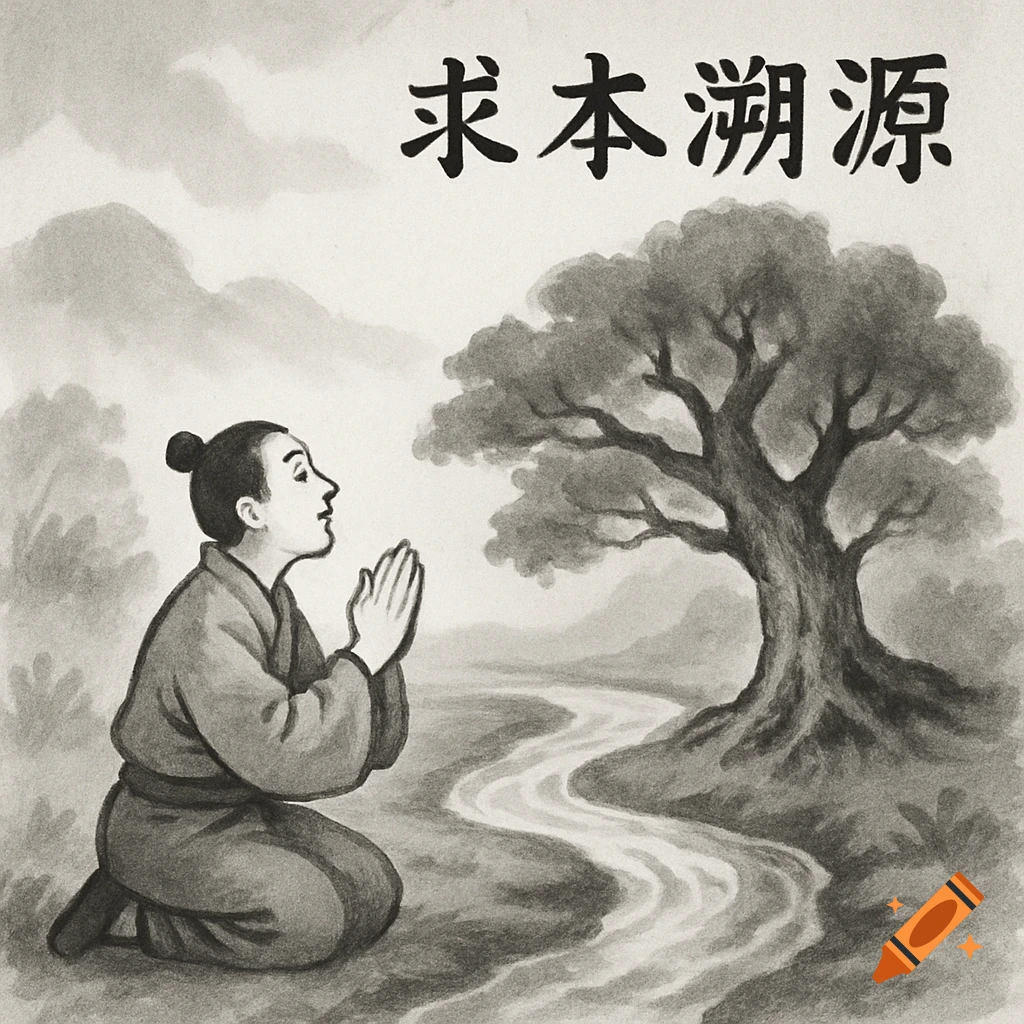 Black and white ink wash illustration of a person kneeling and praying by a river with a large tree, with Chinese characters above.