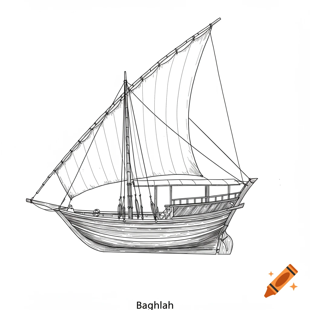Black and white line drawing of a Baghlah ship, with the text 'Baghlah' below it.