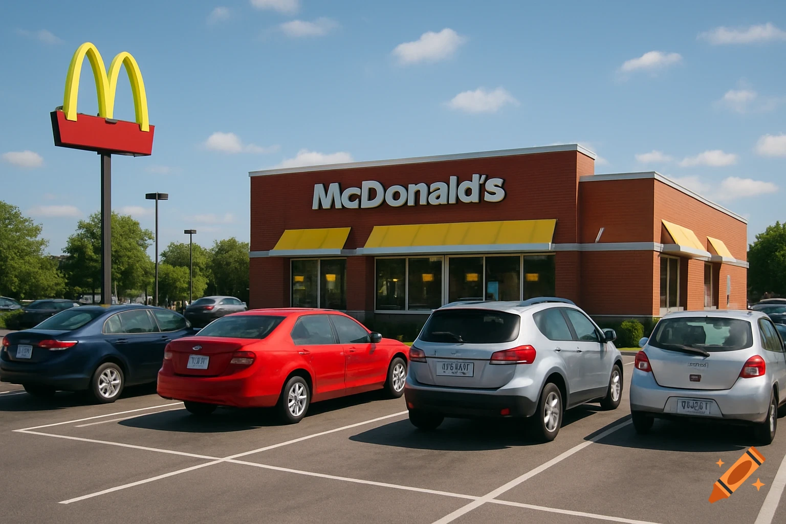 A McDonald's restaurant building and sign in a sunny parking lot filled with cars.