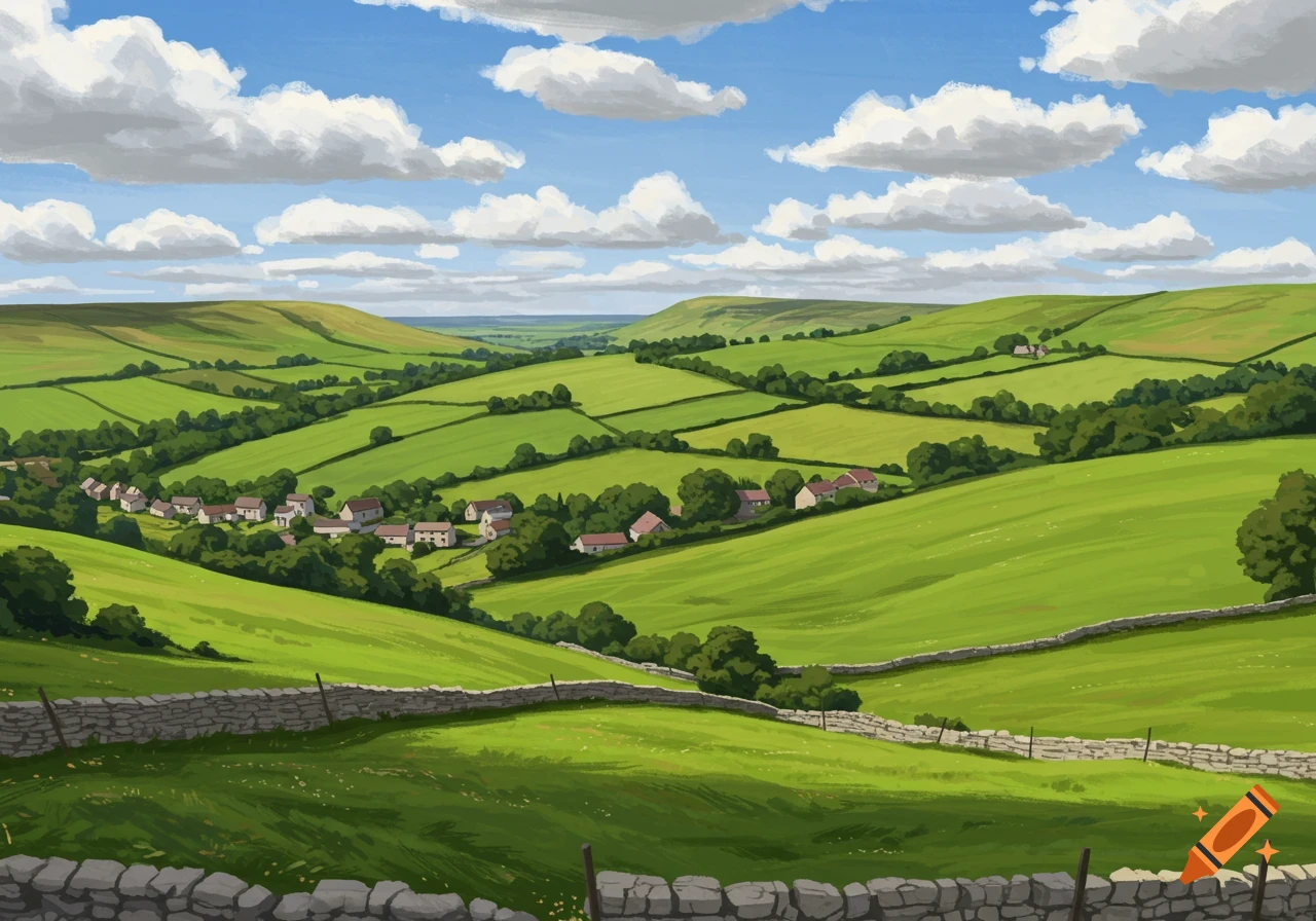 A stylized illustration of a green hilly landscape with fields, hedges, stone walls, and a small village under a cloudy blue sky.