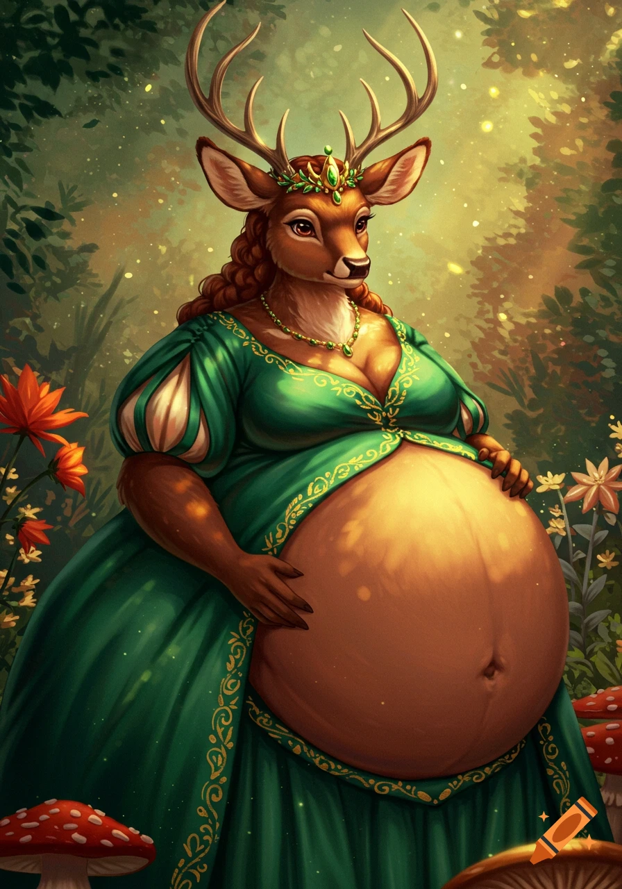 An anthropomorphic pregnant deer princess wearing a green dress and crown stands in a forest.