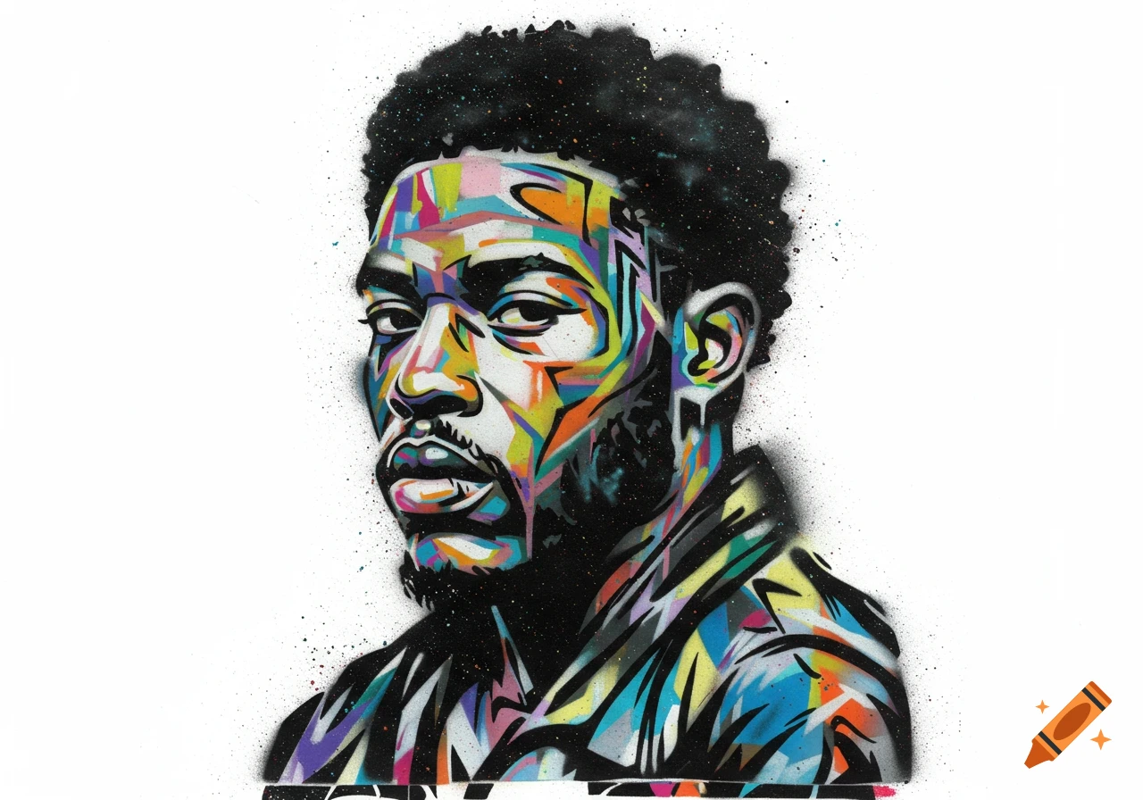 A vibrant, colorful stencil art portrait of a man.