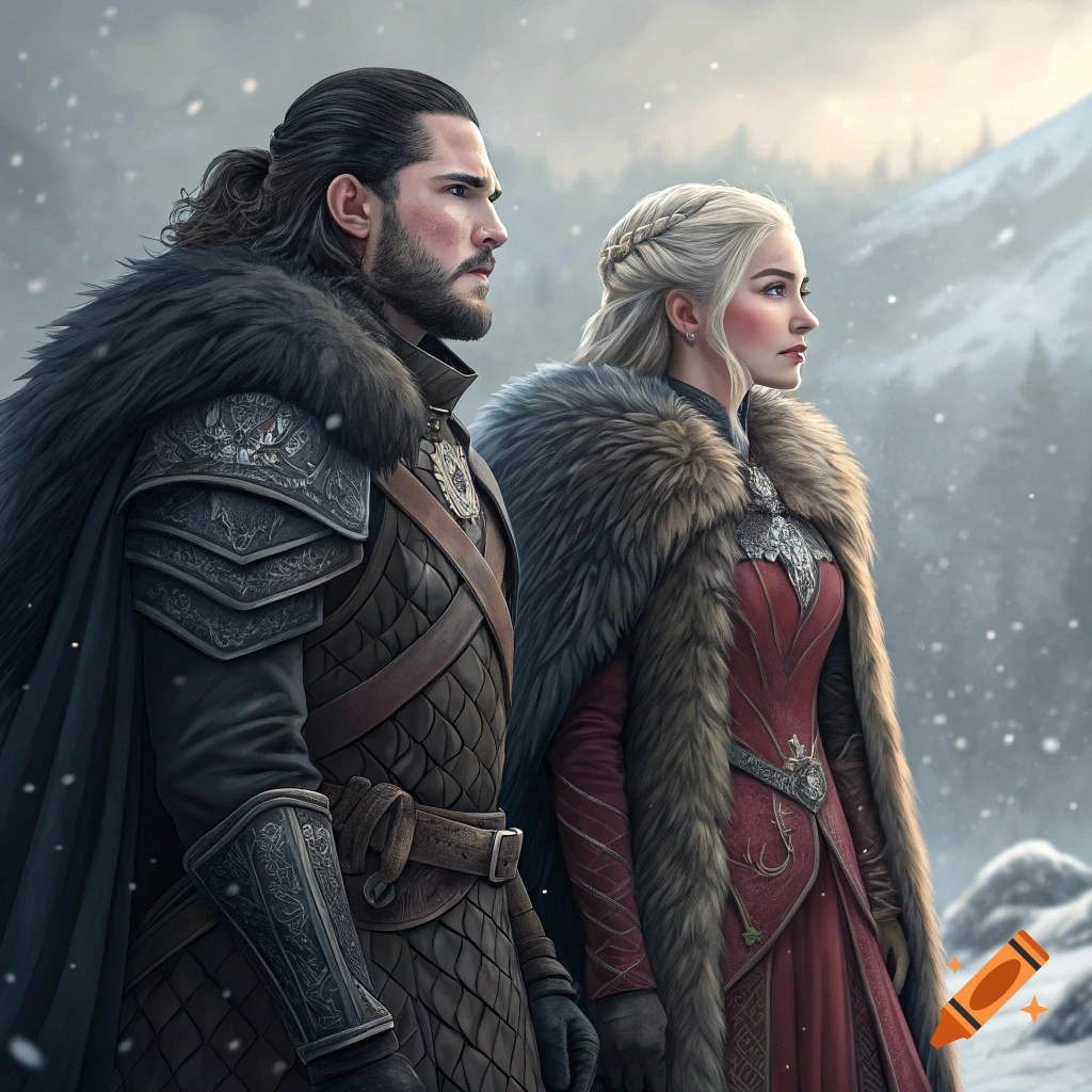 Two people resembling Jon Snow and Daenerys Targaryen stand in a snowy landscape wearing fantasy clothing.