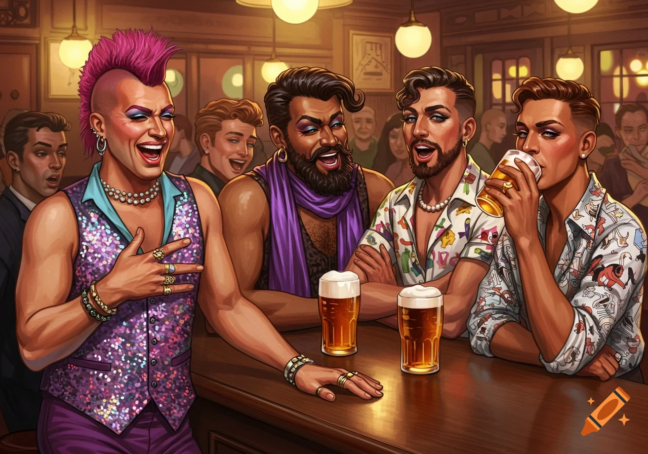 Illustrative image of four men laughing and drinking beer at a bar.