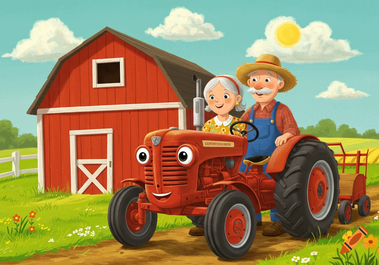 An elderly couple next to a cartoon red tractor and barn in a children's book style.