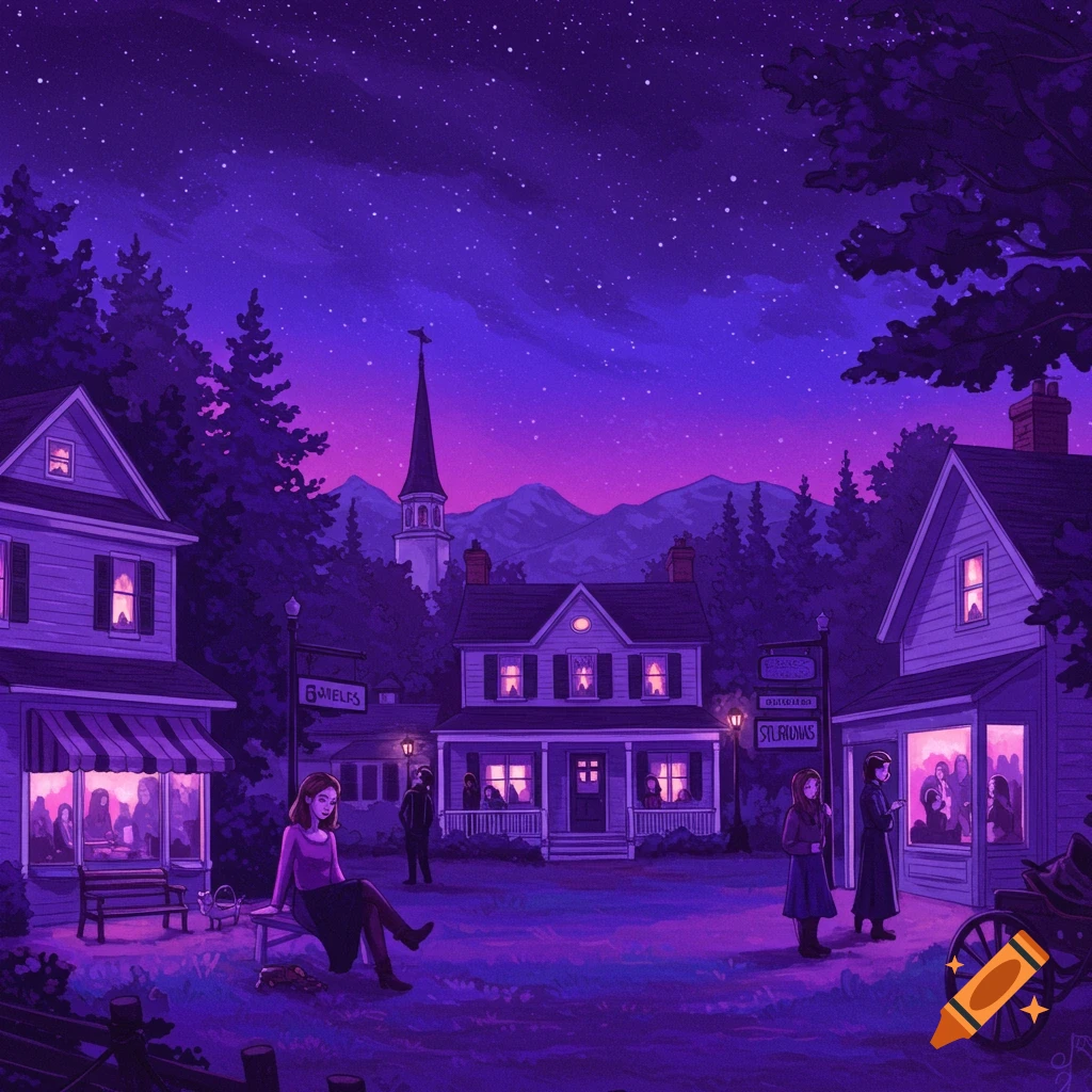 A small town at night under a starry purple sky with houses, people, and signs.
