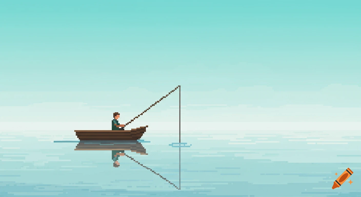 Pixel art of a person fishing from a boat on a calm lake.