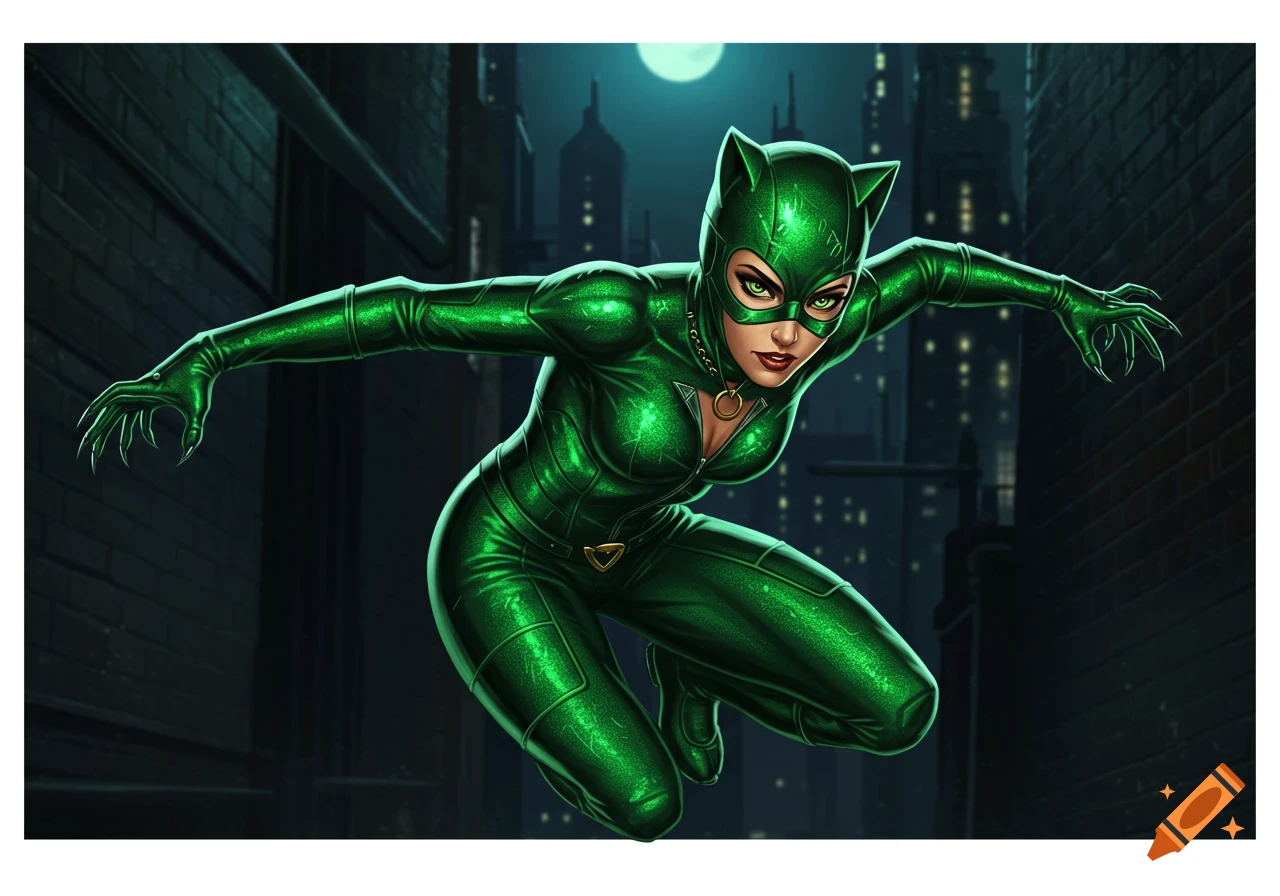Catwoman in a shiny green suit crouches in a dark city alley at night.