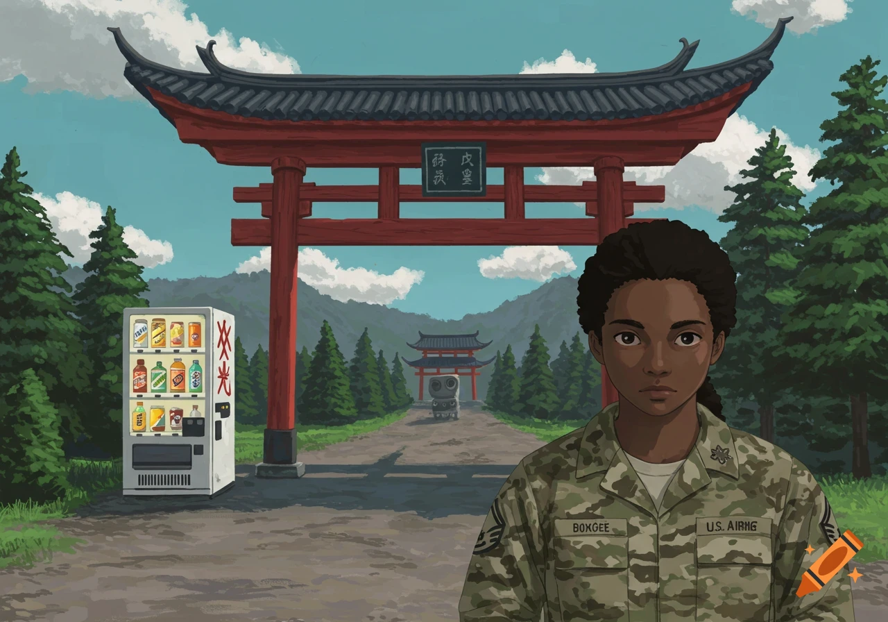 A black woman in a military uniform stands before a Japanese torii gate with a vending machine and robot in the distance, in Studio Ghibli style.