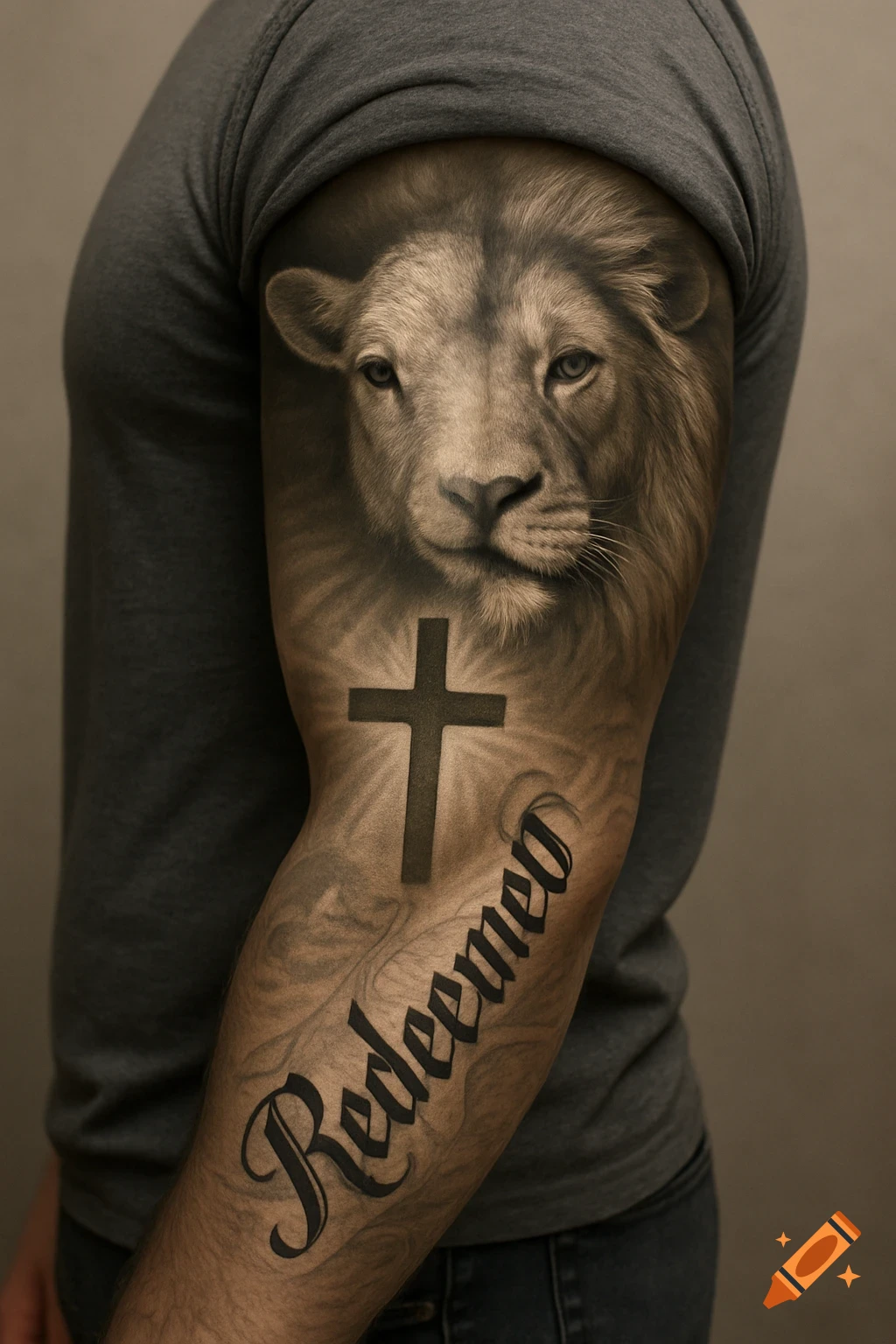 Realistic black and gray tattoo on a man's arm featuring a lion's face, a cross, and the word "Redeemed".