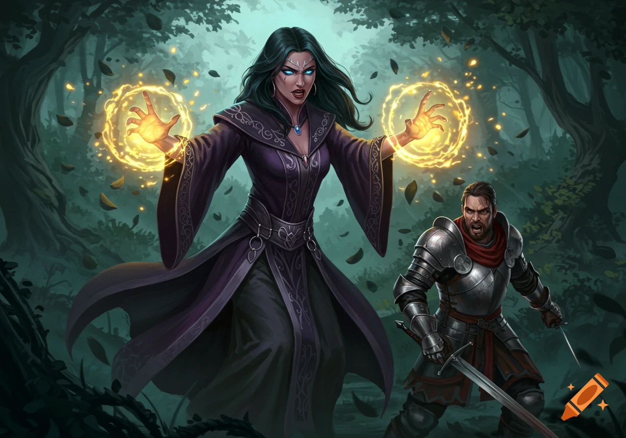 Sorceress casting spells at a fierce knight in a dark fantasy forest.