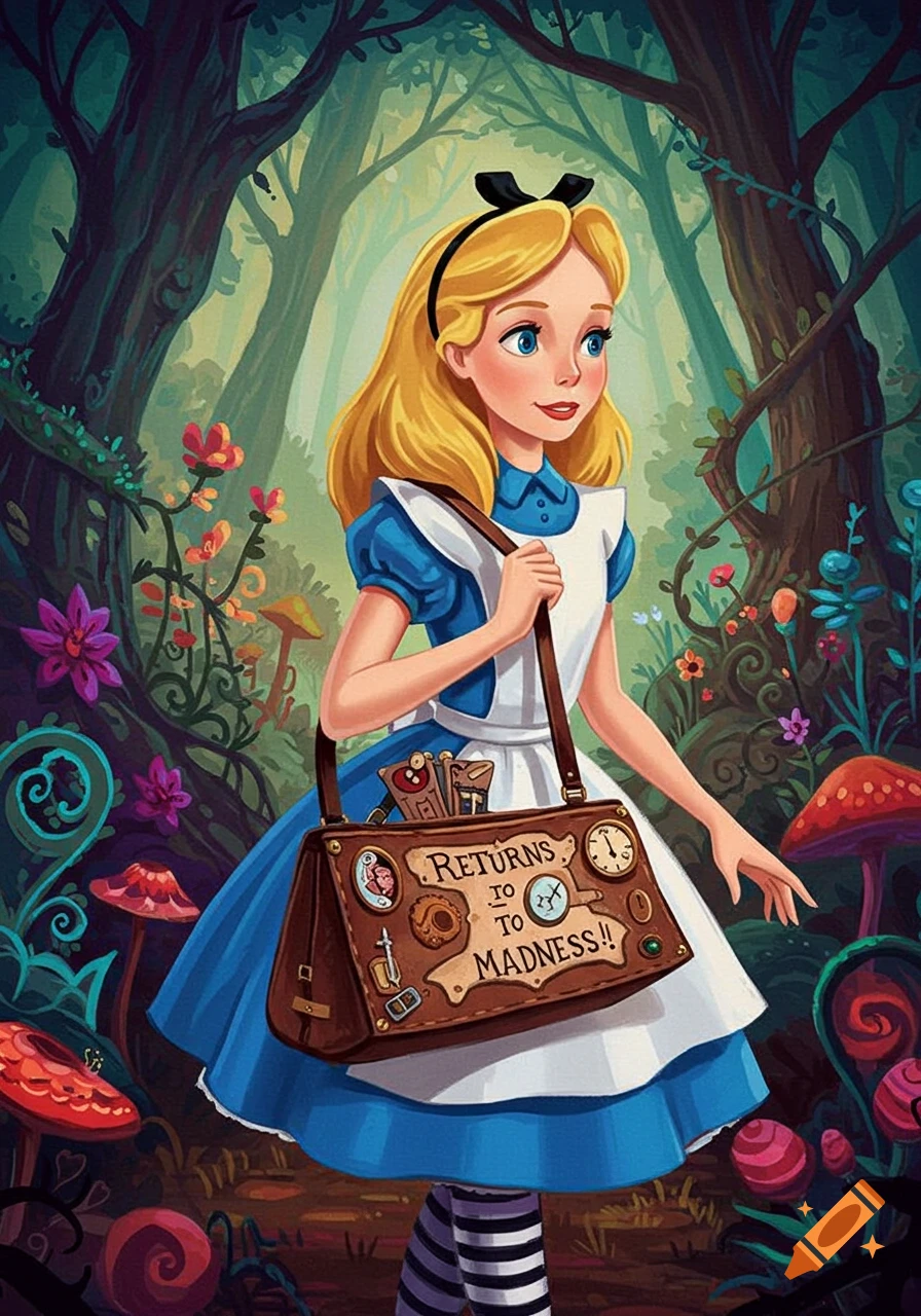Illustration of Alice in Wonderland holding a bag labeled 'Returns to Madness' in a fantasy forest.