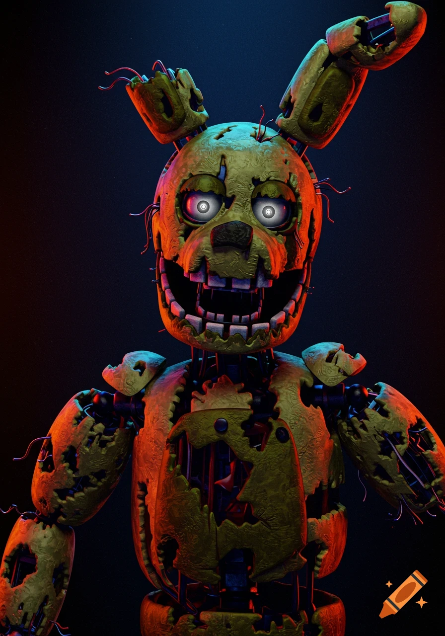 Close-up portrait of Springtrap, the damaged green animatronic rabbit from Five Nights at Freddy's.