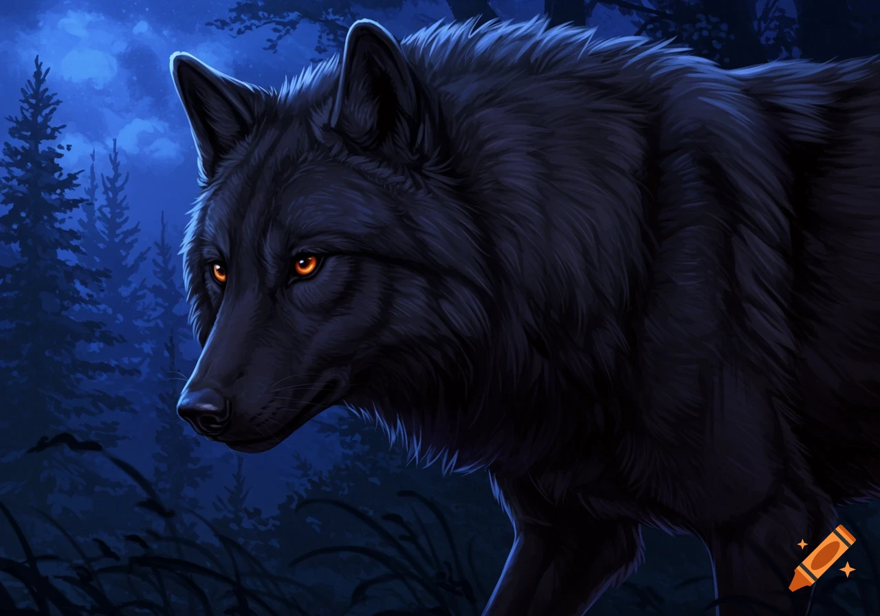 Black wolf with glowing orange eyes in a dark forest at night ...