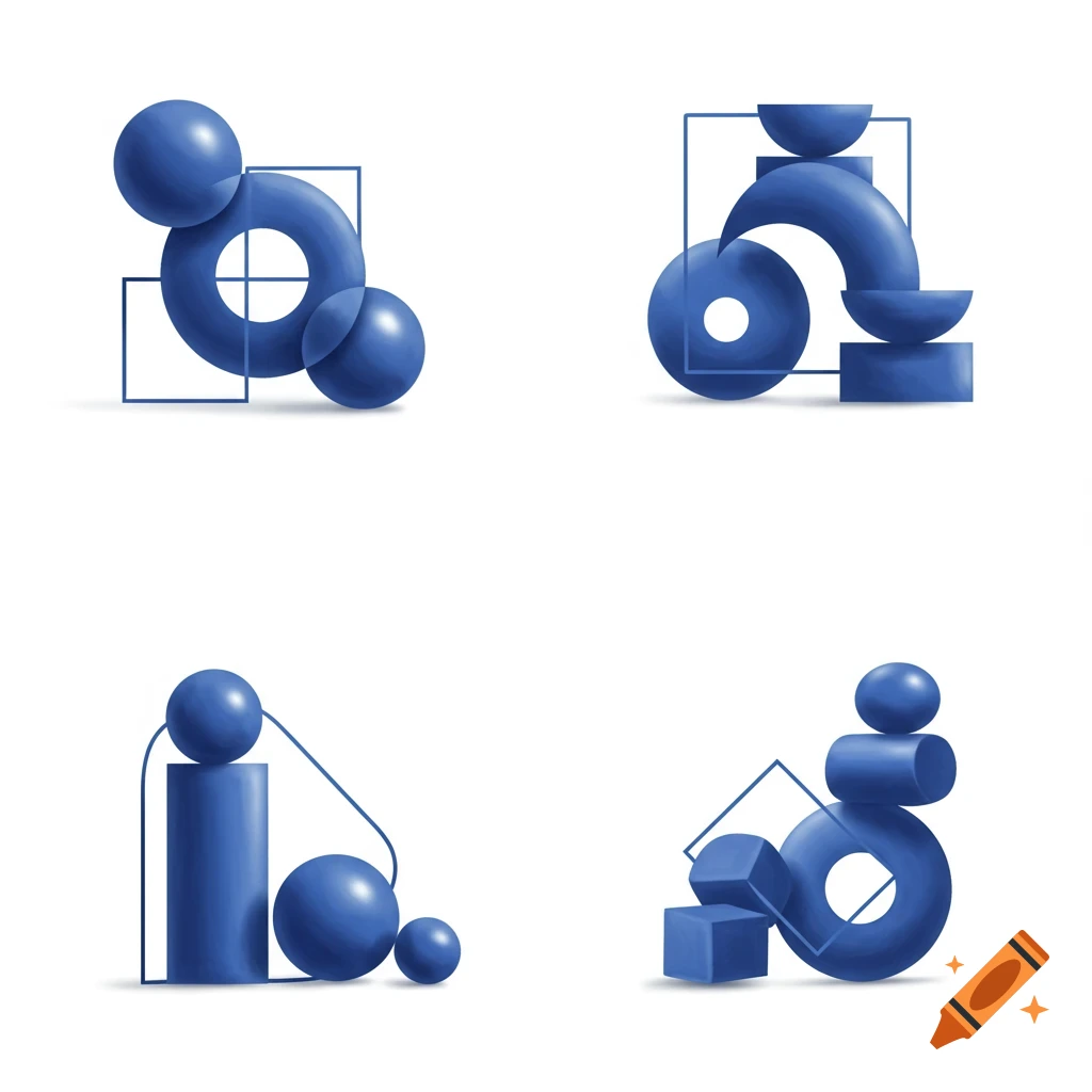 Four compositions of blue geometric shapes and wireframe squares on a white background, in a minimalist style.