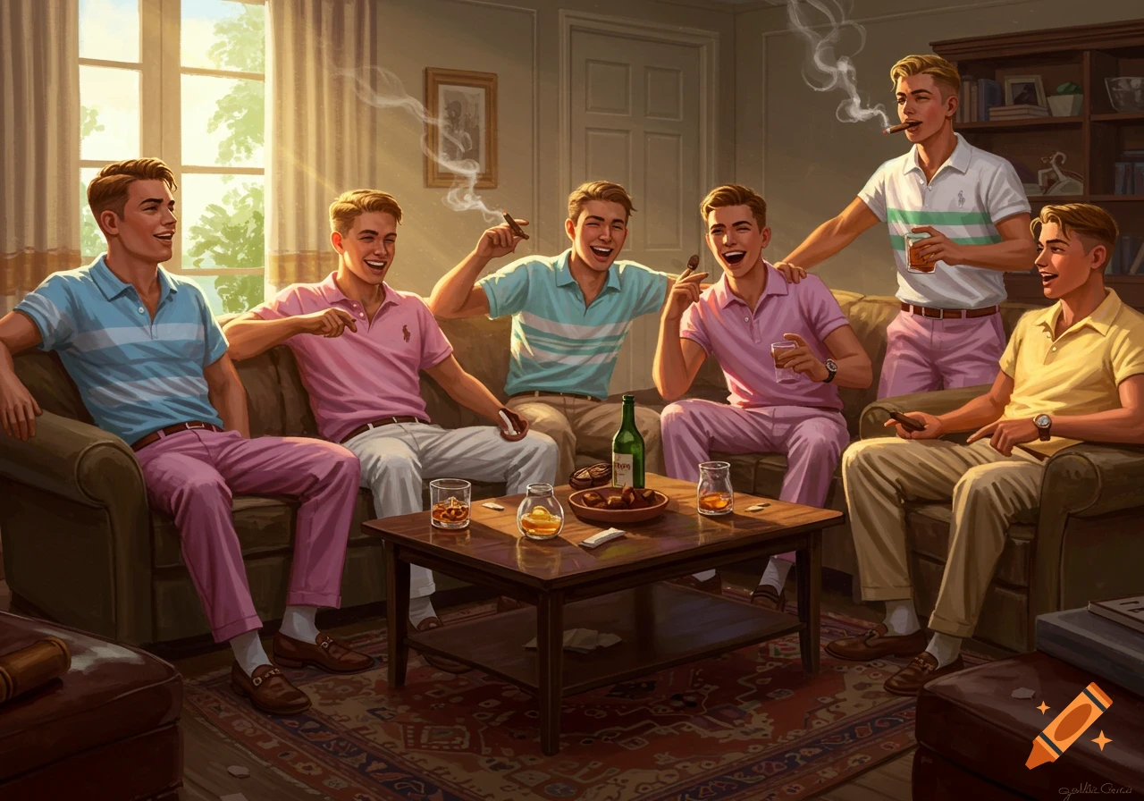 Group of young men in preppy attire smoking cigars and drinking at an indoor party.