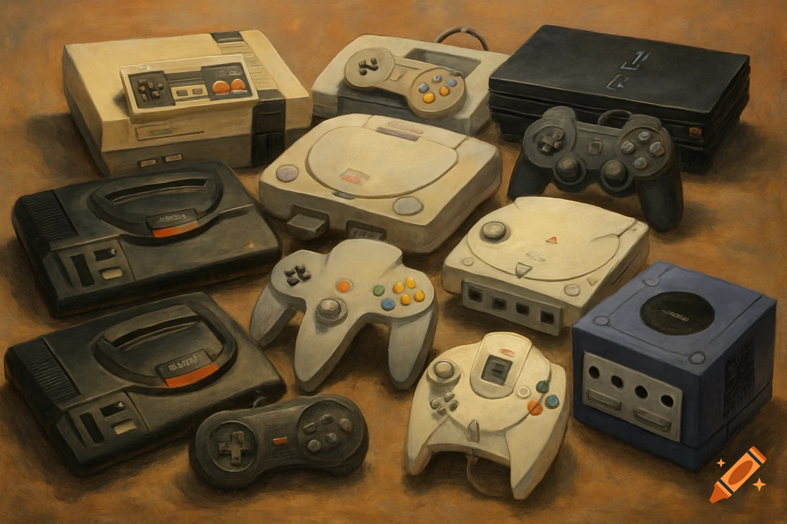 An arrangement of retro video game consoles and controllers in a painterly style.