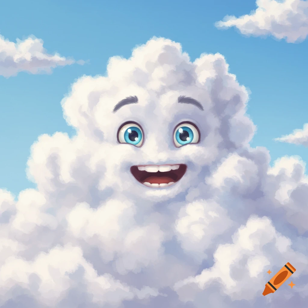 A happy cartoon cloud face in a blue sky