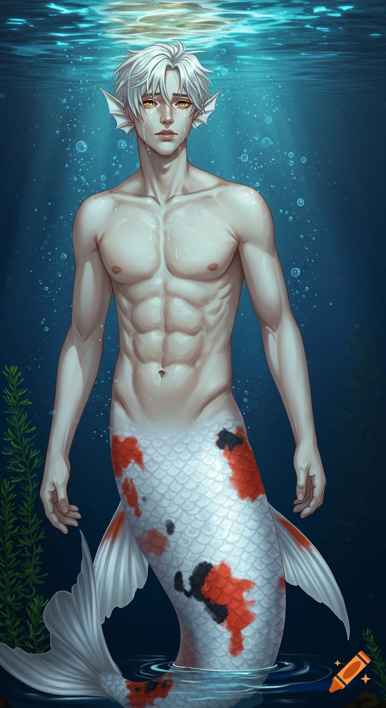 Anime style male merman with white hair and koi tail crying underwater.