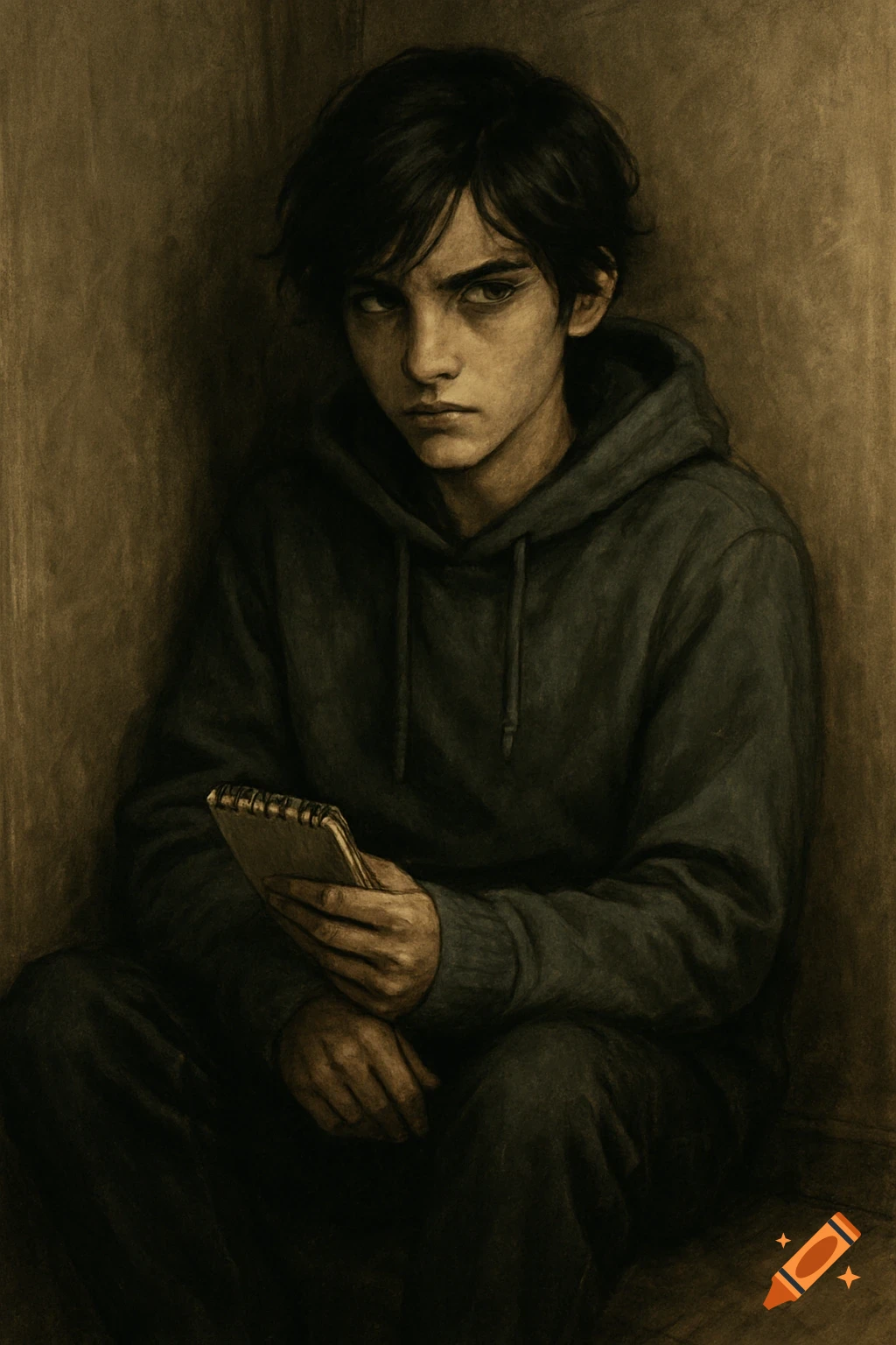 Moody portrait of a teenager in a hoodie sitting in a corner, holding a notebook