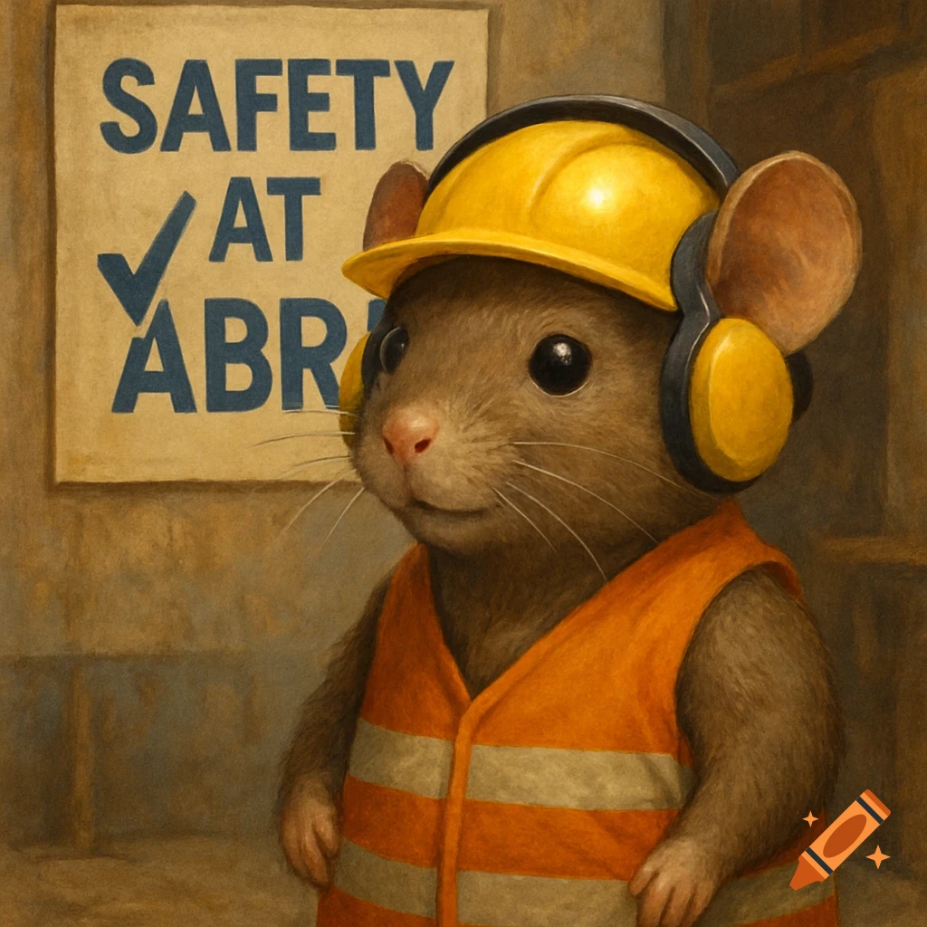 Mouse wearing a yellow hard hat and orange safety vest stands in front of a sign about safety. Painting style.