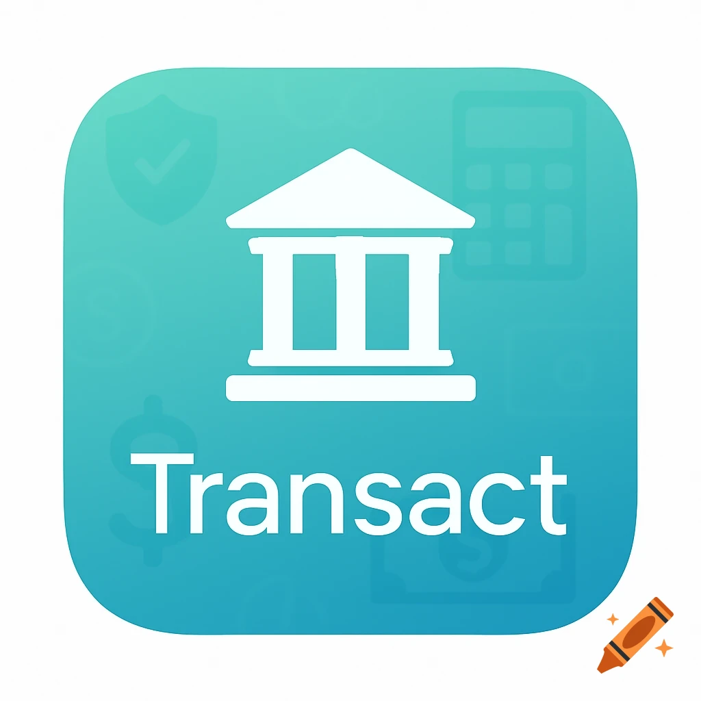 App icon with white bank building symbol and text 'Transact' on a blue-green gradient background with faded finance symbols.